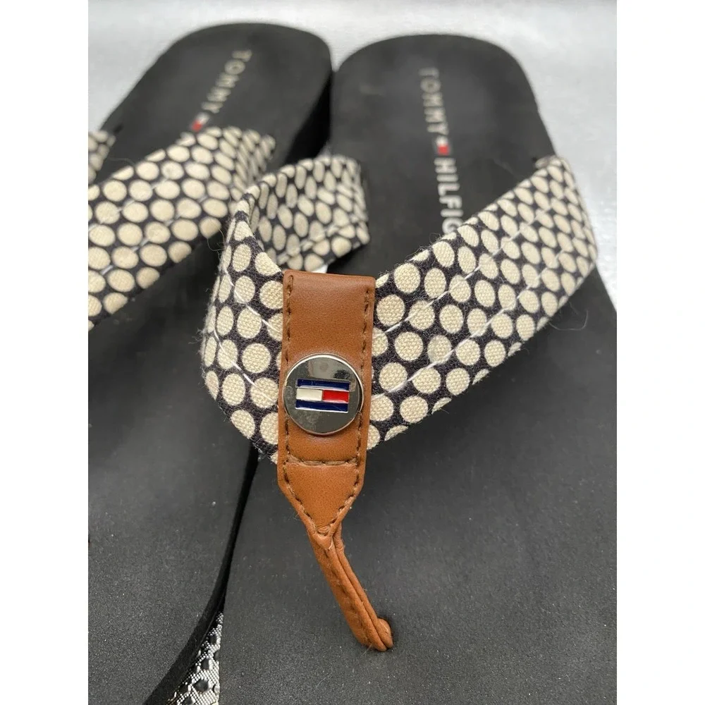Tommy Hilfiger Polka Dot Logo Slip-On Strappy Black Beige Women's Flip Flop San…
